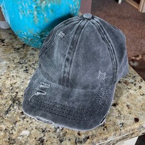 C.C. Brand distressed black ball cap with ponytail or messy bun cut out NWOT
